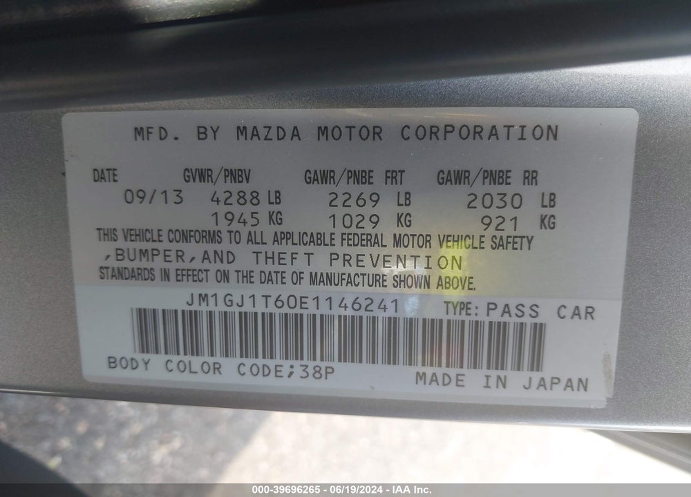 2014 MAZDA 6 I TOURING VIN: JM1GJ1T60E1146241