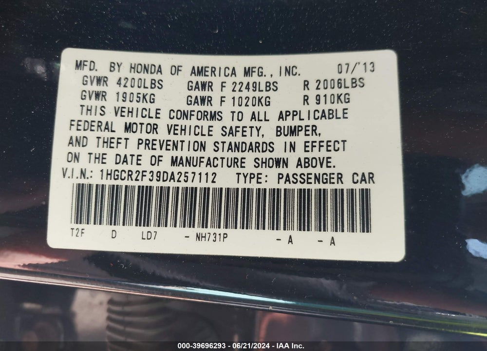2013 HONDA ACCORD LX VIN: 1HGCR2F39DA257112