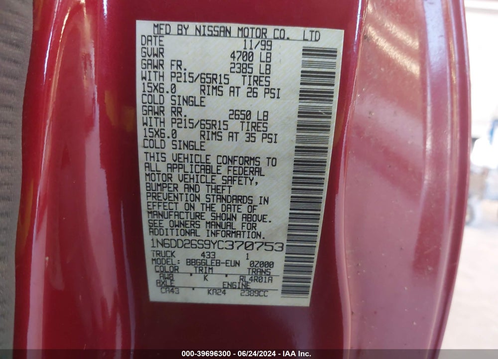 2000 NISSAN FRONTIER XE VIN: 1N6DD26S9YC370753