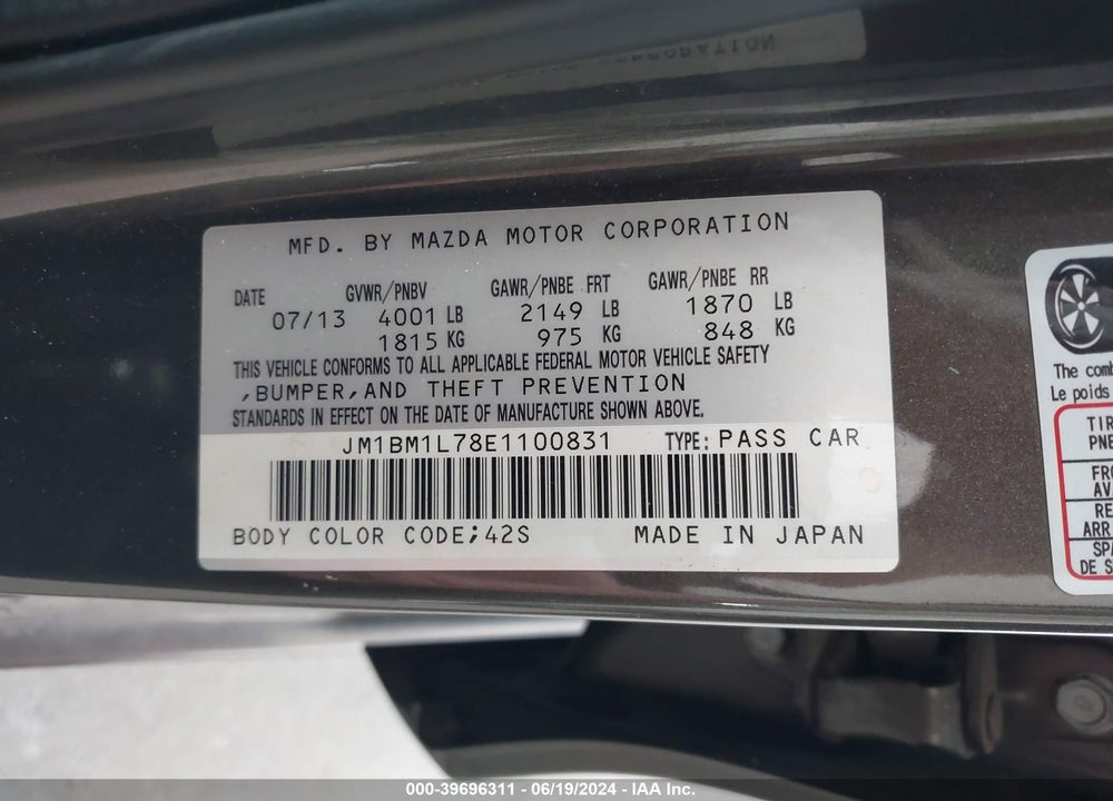 2014 MAZDA 3 I TOURING VIN: JM1BM1L78E1100831