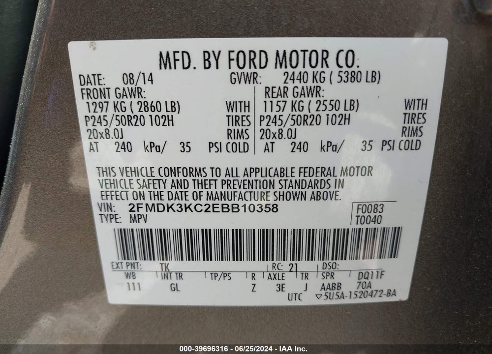 2014 FORD EDGE LIMITED VIN: 2FMDK3KC2EBB10358