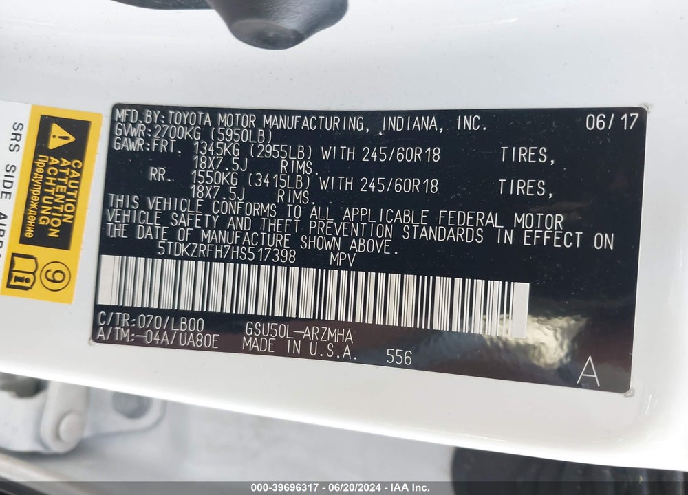 2017 TOYOTA HIGHLANDER XLE VIN: 5TDKZRFH7HS517398