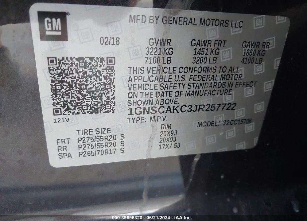 2018 CHEVROLET TAHOE LS VIN: 1GNSCAKC3JR257722