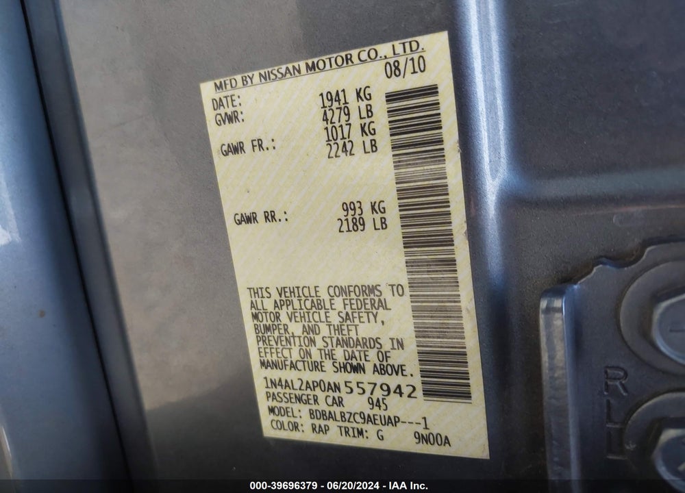 2010 NISSAN ALTIMA 2.5 S VIN: 1N4AL2AP0AN557942