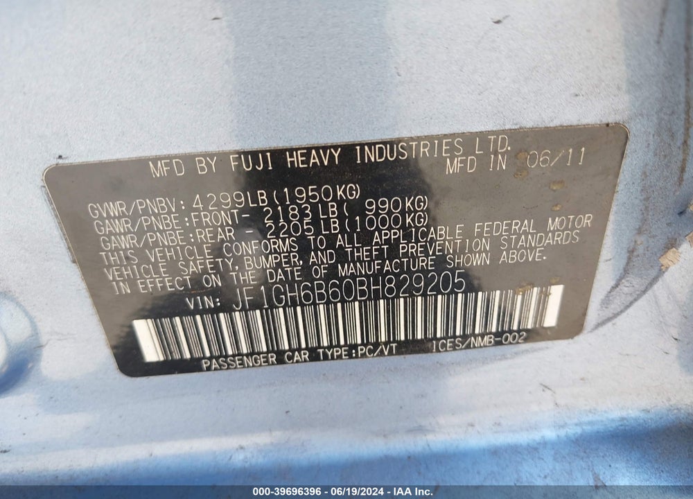 2011 SUBARU IMPREZA 2.5I PREMIUM VIN: JF1GH6B60BH829205