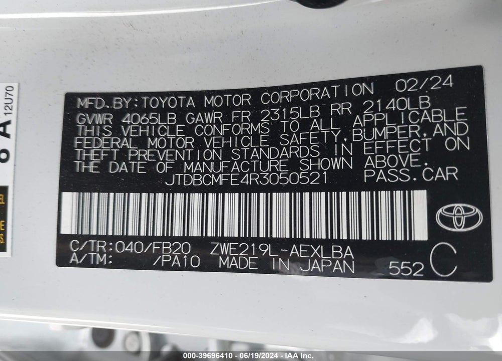 2024 TOYOTA COROLLA HYBRID LE VIN: JTDBCMFE4R3050521