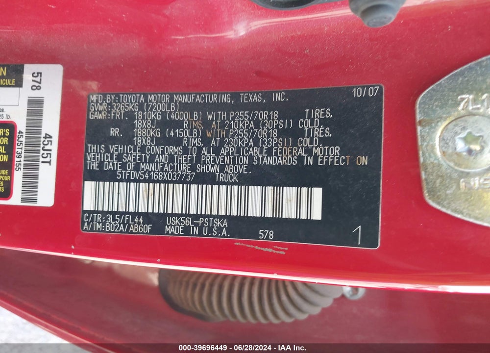 2008 TOYOTA TUNDRA SR5 5.7L V8 VIN: 5TFDV54168X037737