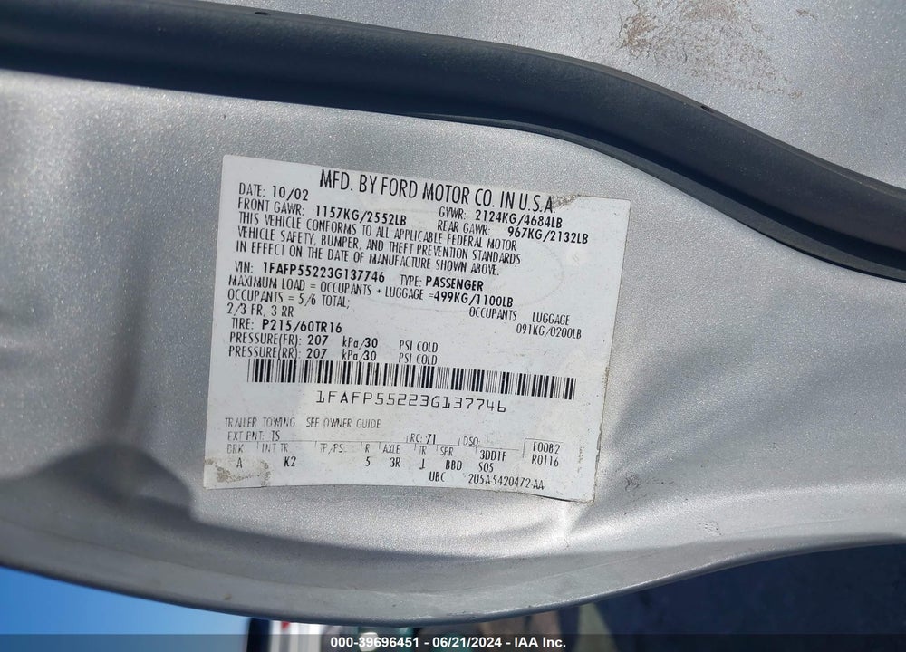 2003 FORD TAURUS SES VIN: 1FAFP55223G137746