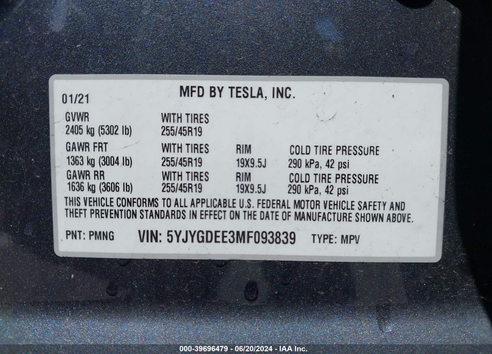 2021 TESLA MODEL Y LONG RANGE DUAL MOTOR ALL-WHEEL DRIVE VIN: 5YJYGDEE3MF093839
