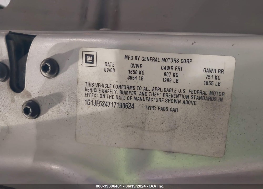 2001 CHEVROLET CAVALIER LS VIN: 1G1JF524717190624