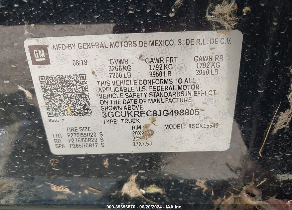 2018 CHEVROLET SILVERADO 1500 2LT VIN: 3GCUKREC8JG498805