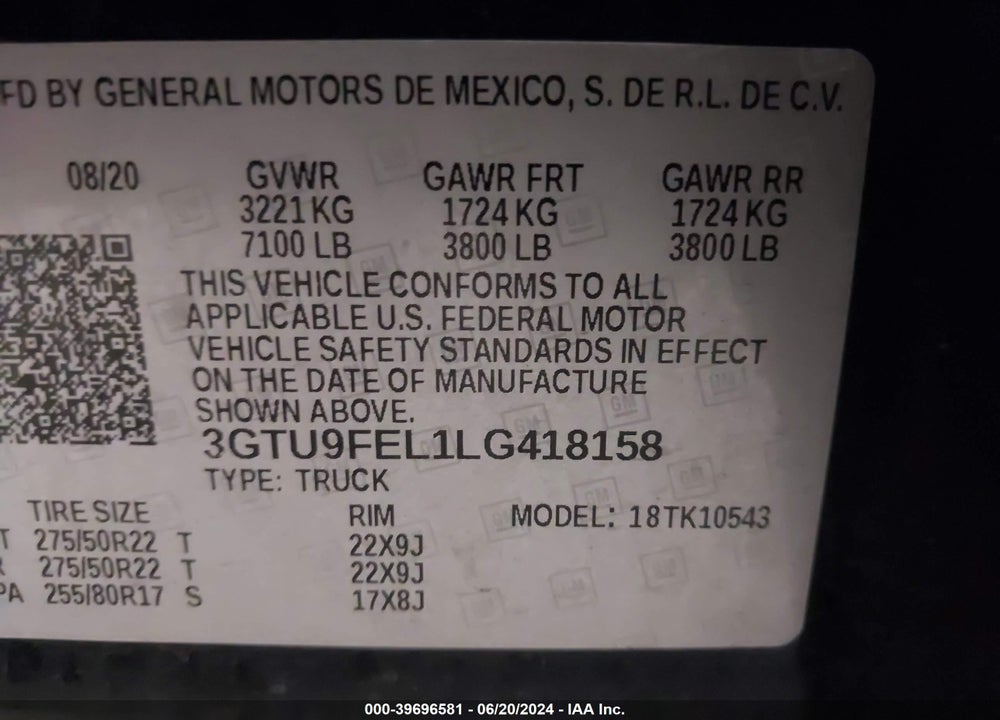 2020 GMC SIERRA 1500 4WD SHORT BOX DENALI VIN: 3GTU9FEL1LG418158