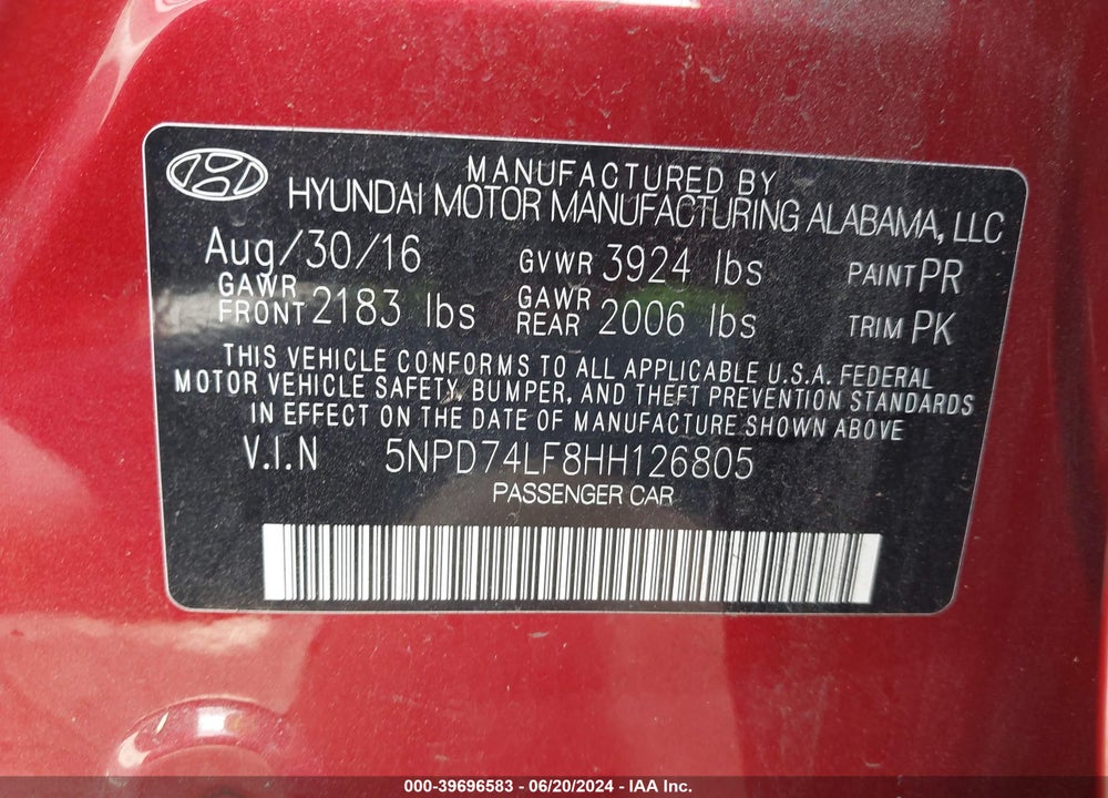2017 HYUNDAI ELANTRA SE VIN: 5NPD74LF8HH126805