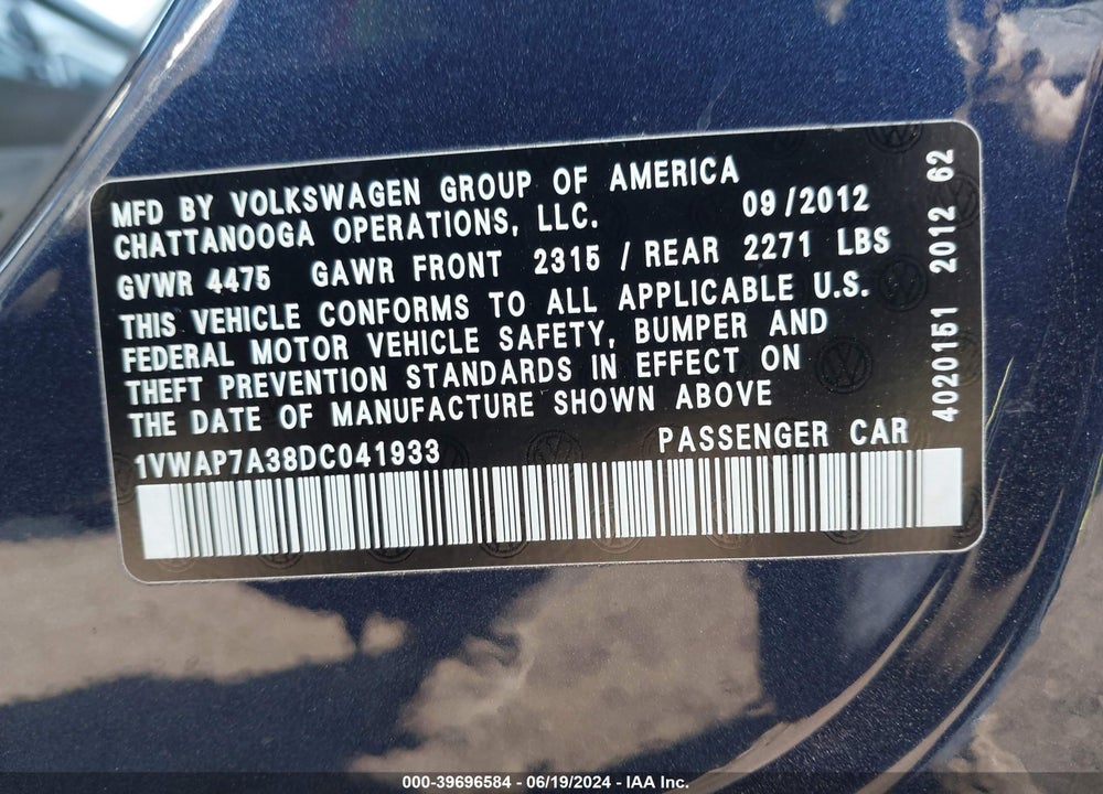 2013 VOLKSWAGEN PASSAT 2.5L S VIN: 1VWAP7A38DC041933