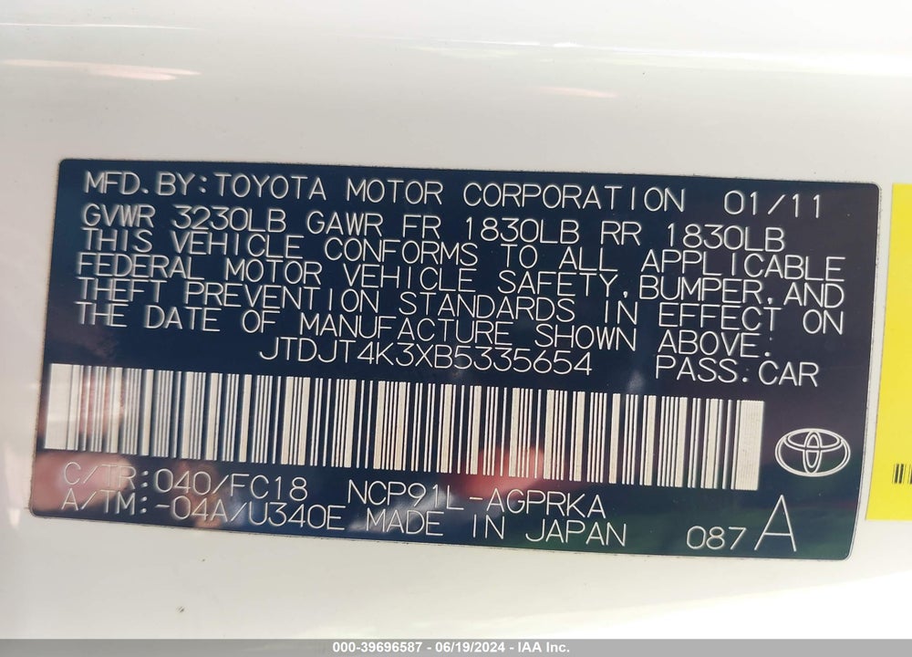 2011 TOYOTA YARIS VIN: JTDJT4K3XB5335654