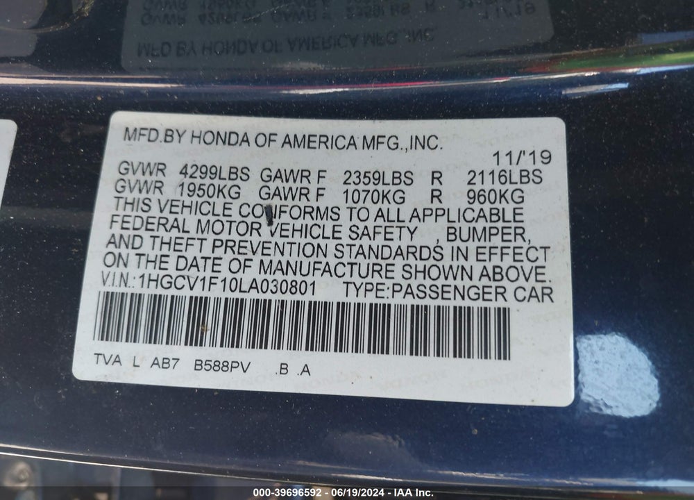 2020 HONDA ACCORD LX VIN: 1HGCV1F10LA030801