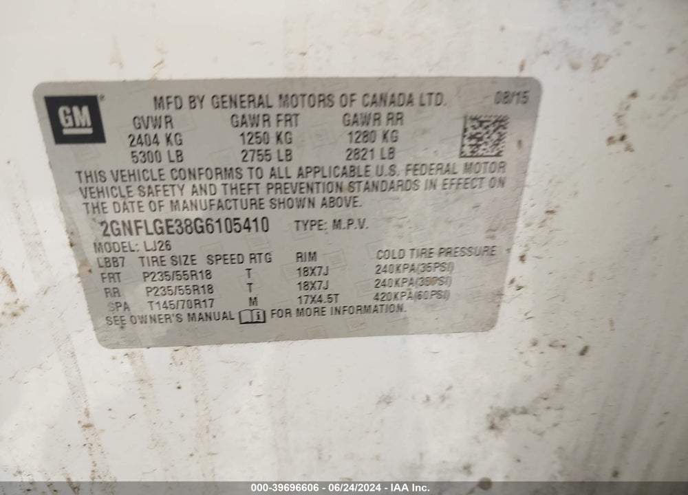 2016 CHEVROLET EQUINOX LTZ VIN: 2GNFLGE38G6105410