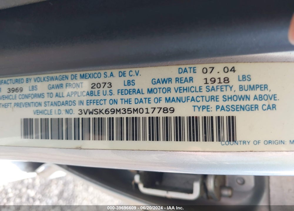2005 VOLKSWAGEN JETTA VIN: 3VWSK69M35M017789