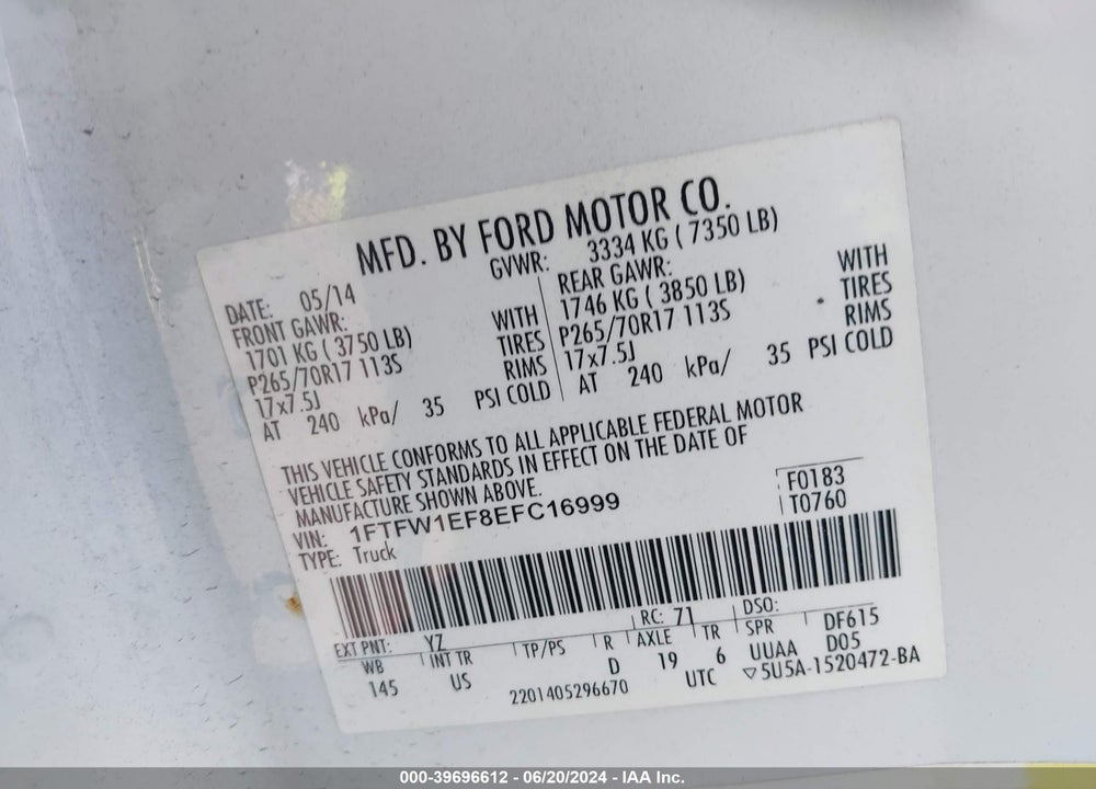 2014 FORD F-150 XLT VIN: 1FTFW1EF8EFC16999