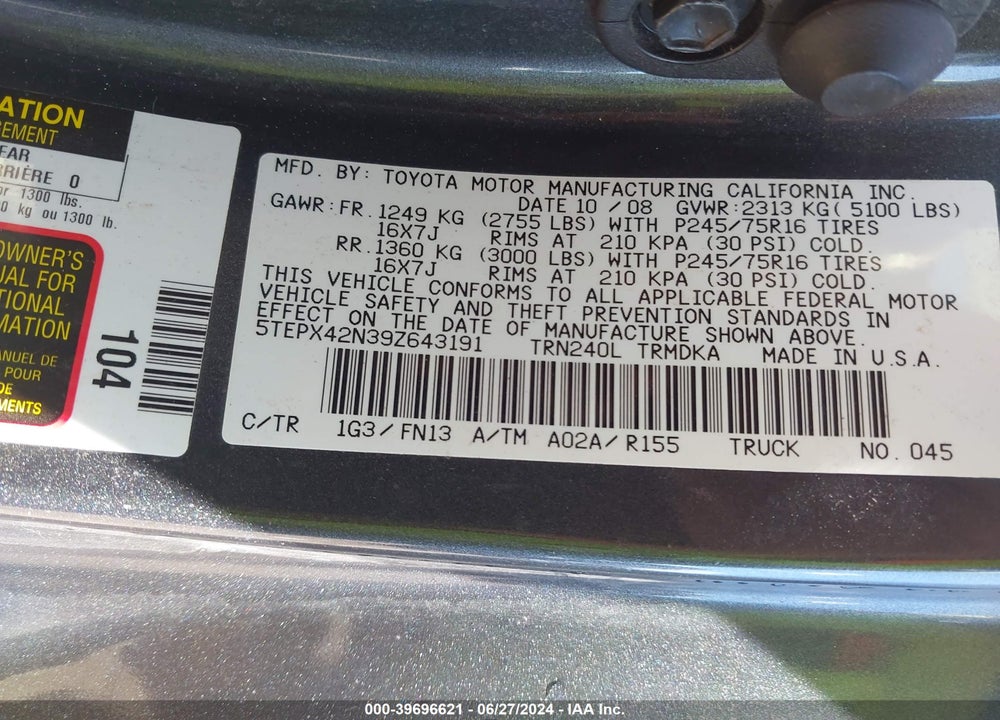 2009 TOYOTA TACOMA VIN: 5TEPX42N39Z643191