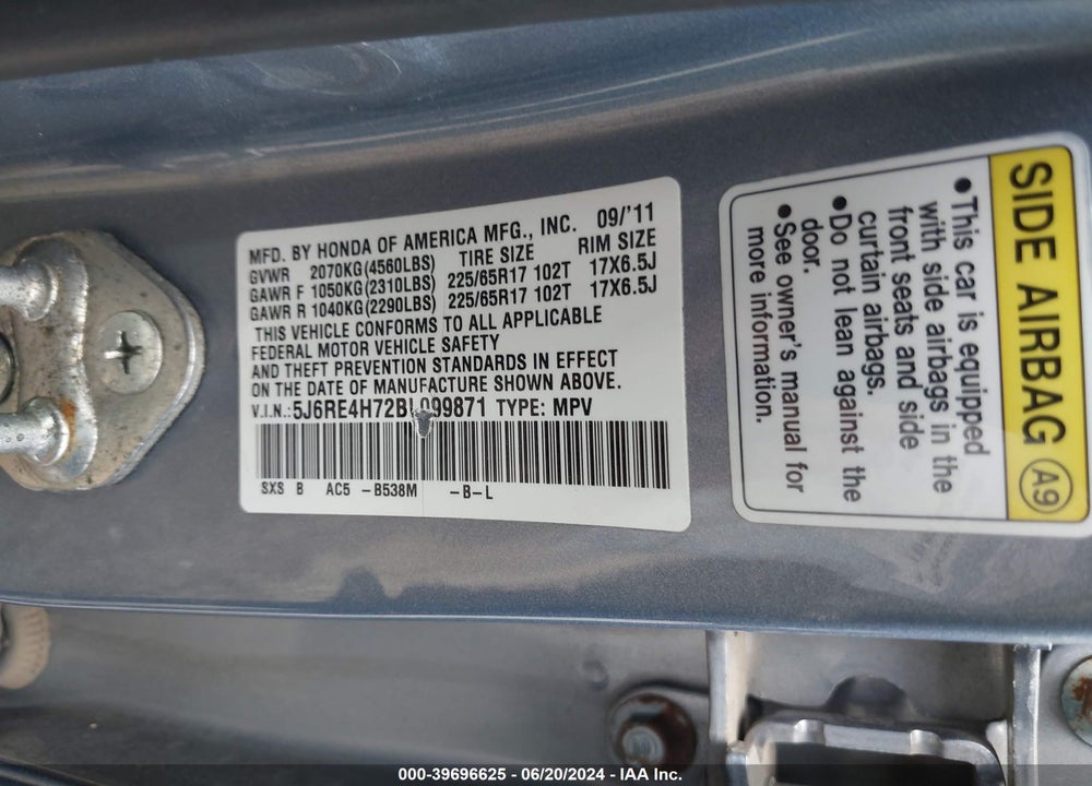 2011 HONDA CR-V EX-L VIN: 5J6RE4H72BL099871