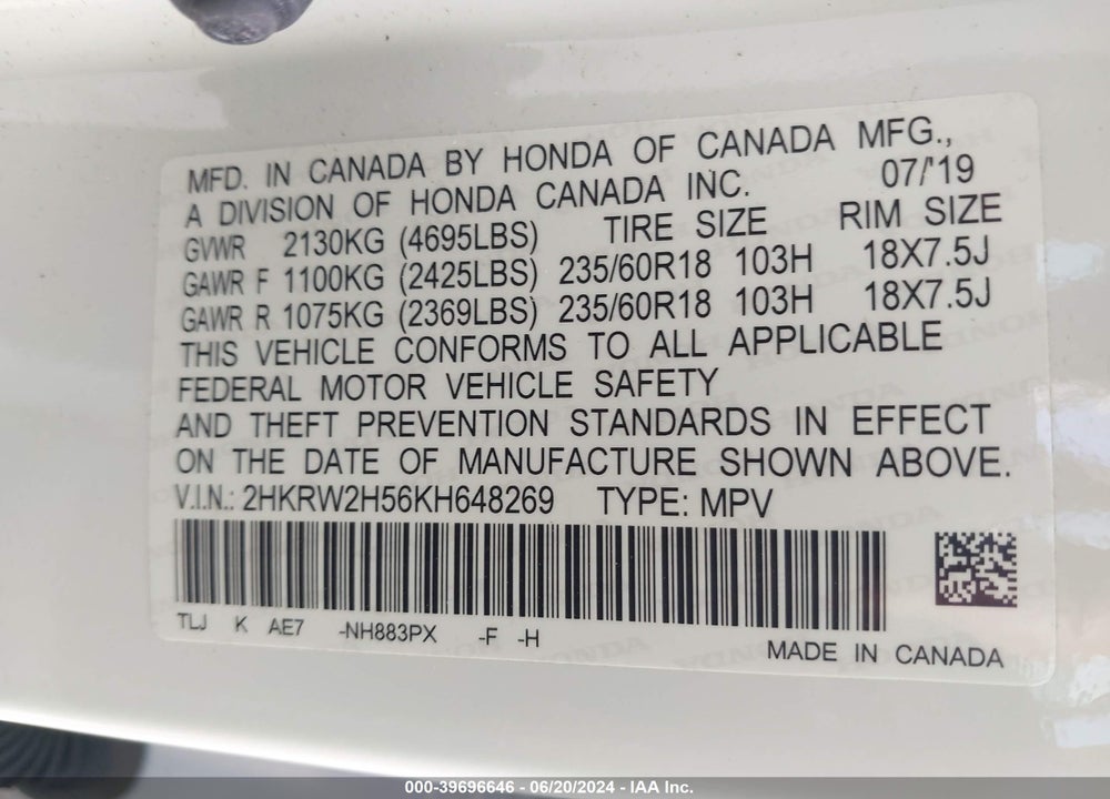 2019 HONDA CR-V EX VIN: 2HKRW2H56KH648269