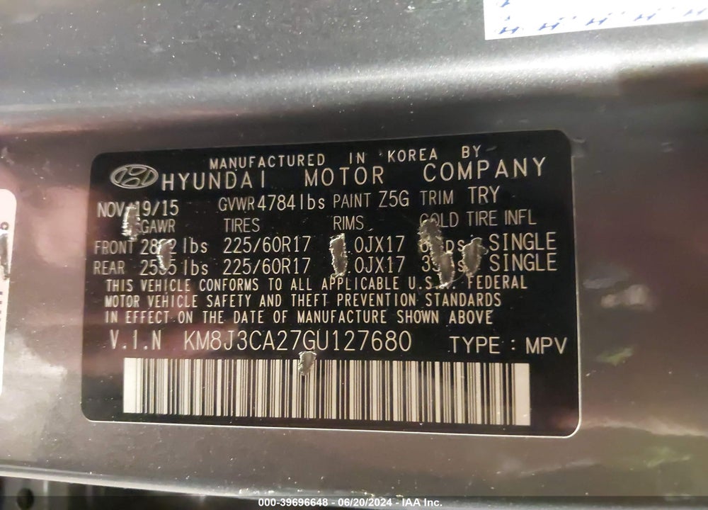 2016 HYUNDAI TUCSON ECO VIN: KM8J3CA27GU127680
