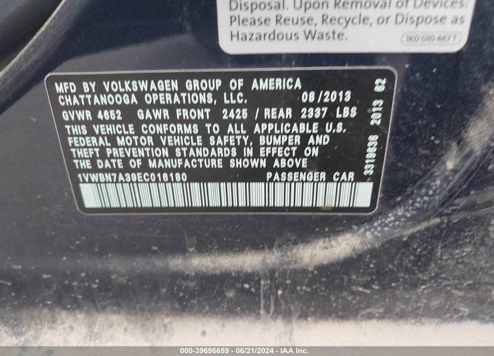 2014 VOLKSWAGEN PASSAT 2.0L TDI SE VIN: 1VWBN7A39EC016180