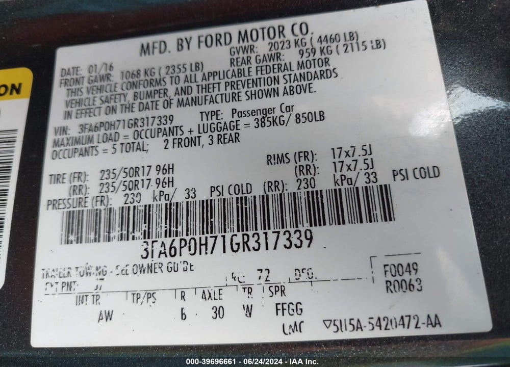 2016 FORD FUSION SE VIN: 3FA6P0H71GR317339
