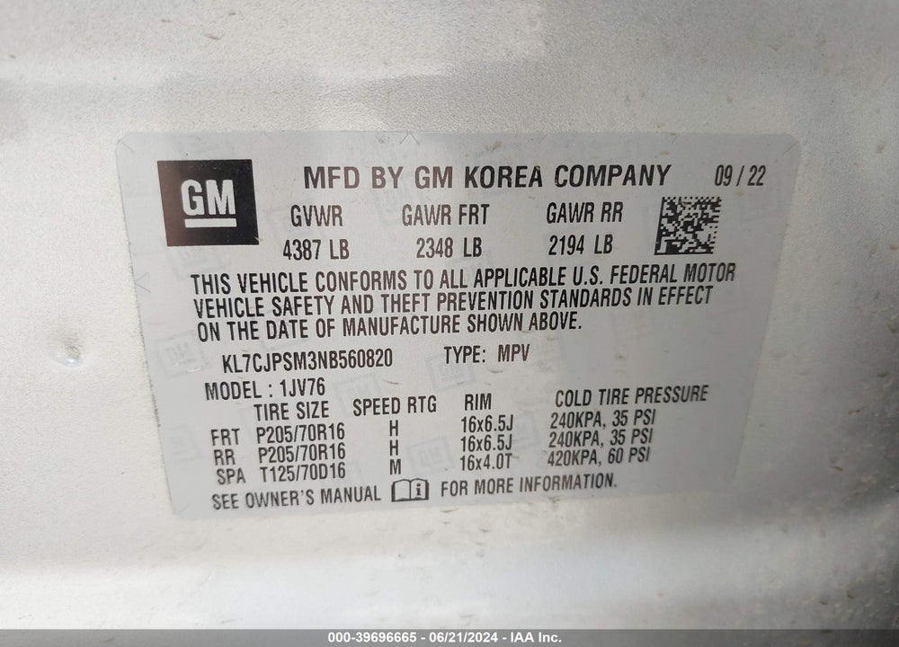 2022 CHEVROLET TRAX AWD LT VIN: KL7CJPSM3NB560820