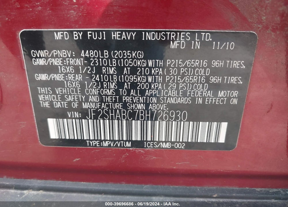 2011 SUBARU FORESTER 2.5X VIN: JF2SHABC7BH726930