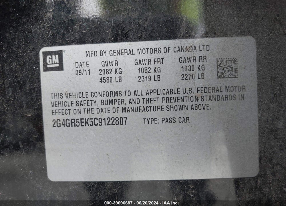 2012 BUICK REGAL VIN: 2G4GR5EK5C9122807