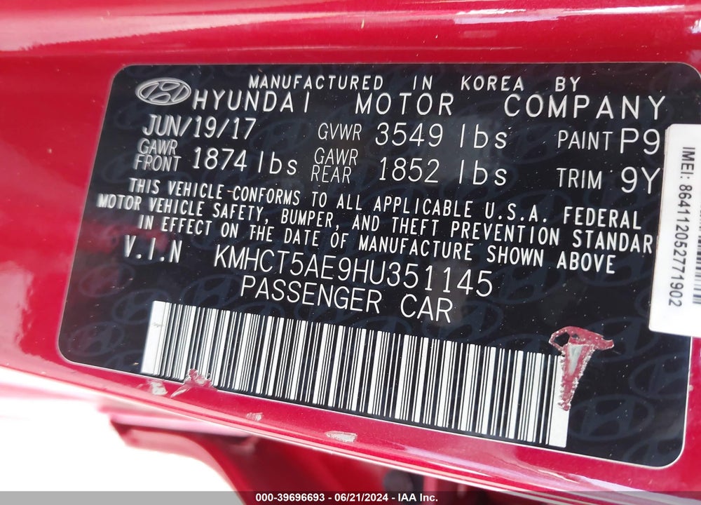 2017 HYUNDAI ACCENT SE VIN: KMHCT5AE9HU351145