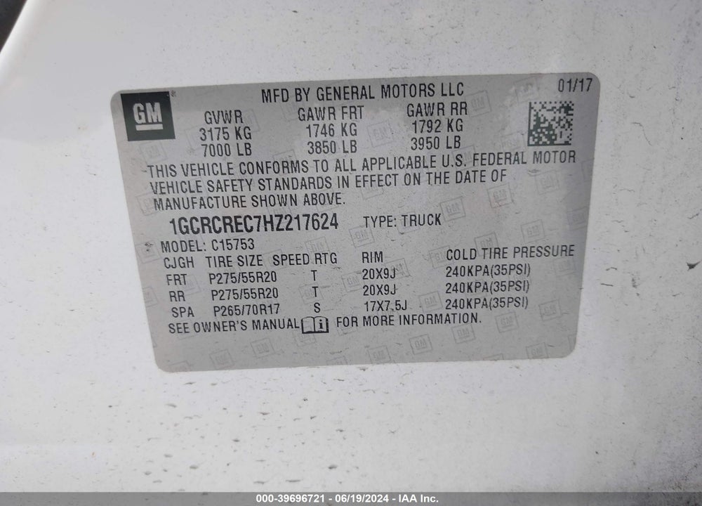 2017 CHEVROLET SILVERADO 1500 1LT VIN: 1GCRCREC7HZ217624