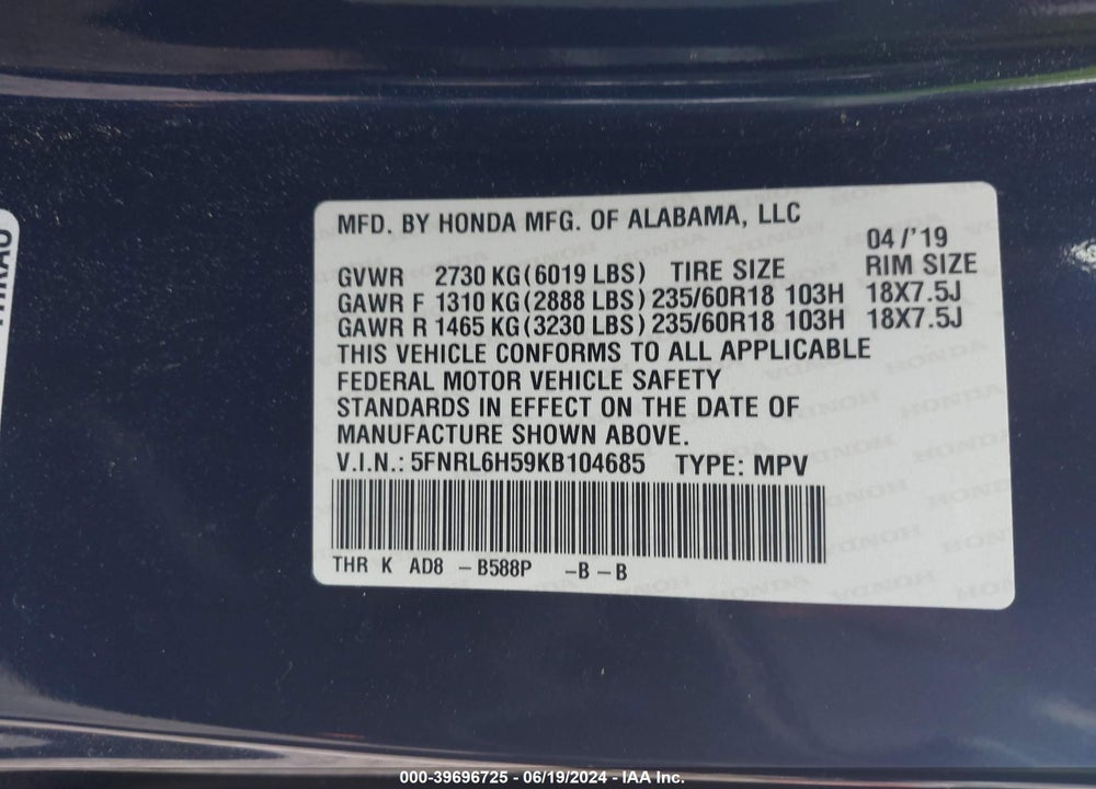 2019 HONDA ODYSSEY EX VIN: 5FNRL6H59KB104685