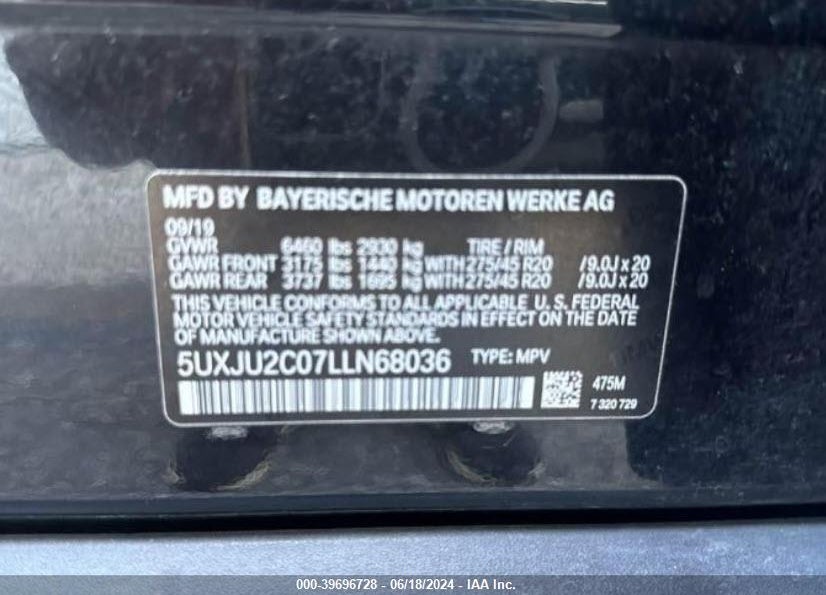 2020 BMW X5 XDRIVE50I VIN: 5UXJU2C07LLN68036