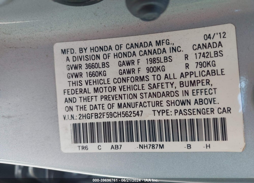 2012 HONDA CIVIC LX VIN: 2HGFB2F59CH562547