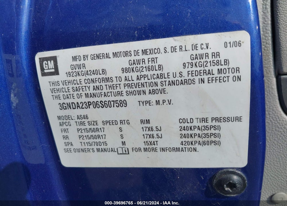 2006 CHEVROLET HHR LT VIN: 3GNDA23P06S607589