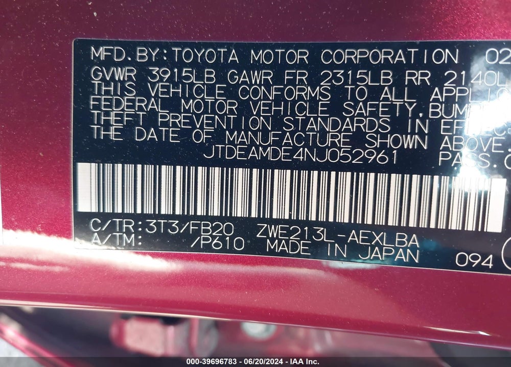 2022 TOYOTA COROLLA HYBRID LE VIN: JTDEAMDE4NJ052961