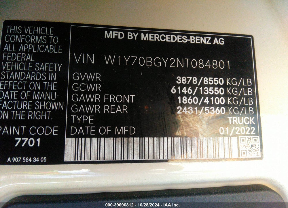 2022 MERCEDES-BENZ SPRINTER 1500 STANDARD ROOF I4 VIN: W1Y70BGY2NT084801
