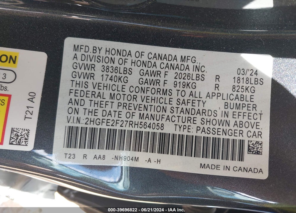 2024 HONDA CIVIC LX VIN: 2HGFE2F27RH564058