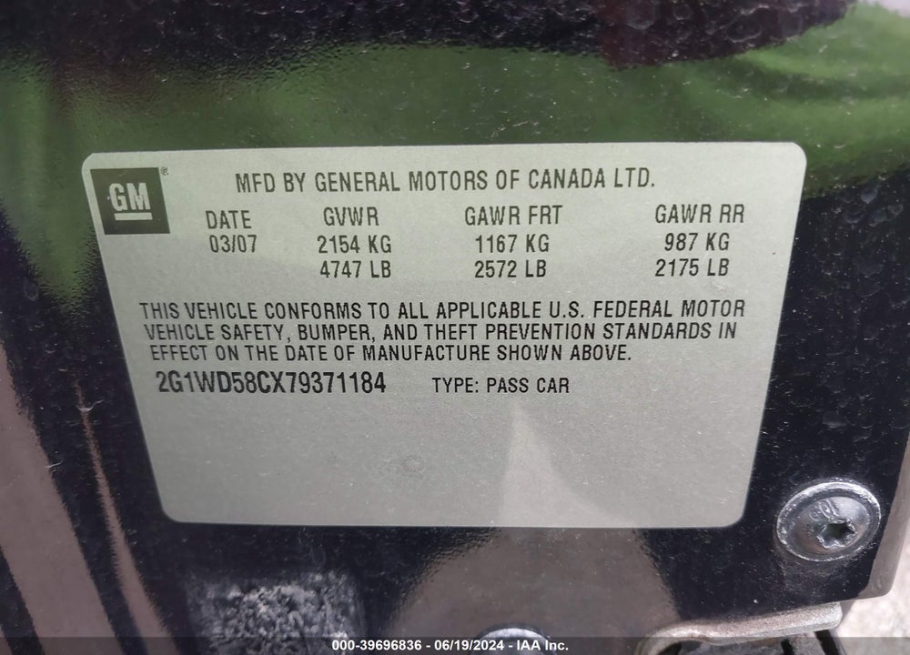 2007 CHEVROLET IMPALA  SS VIN: 2G1WD58CX79371184