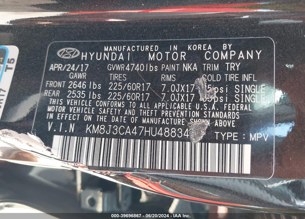 2017 HYUNDAI TUCSON SE VIN: KM8J3CA47HU488345