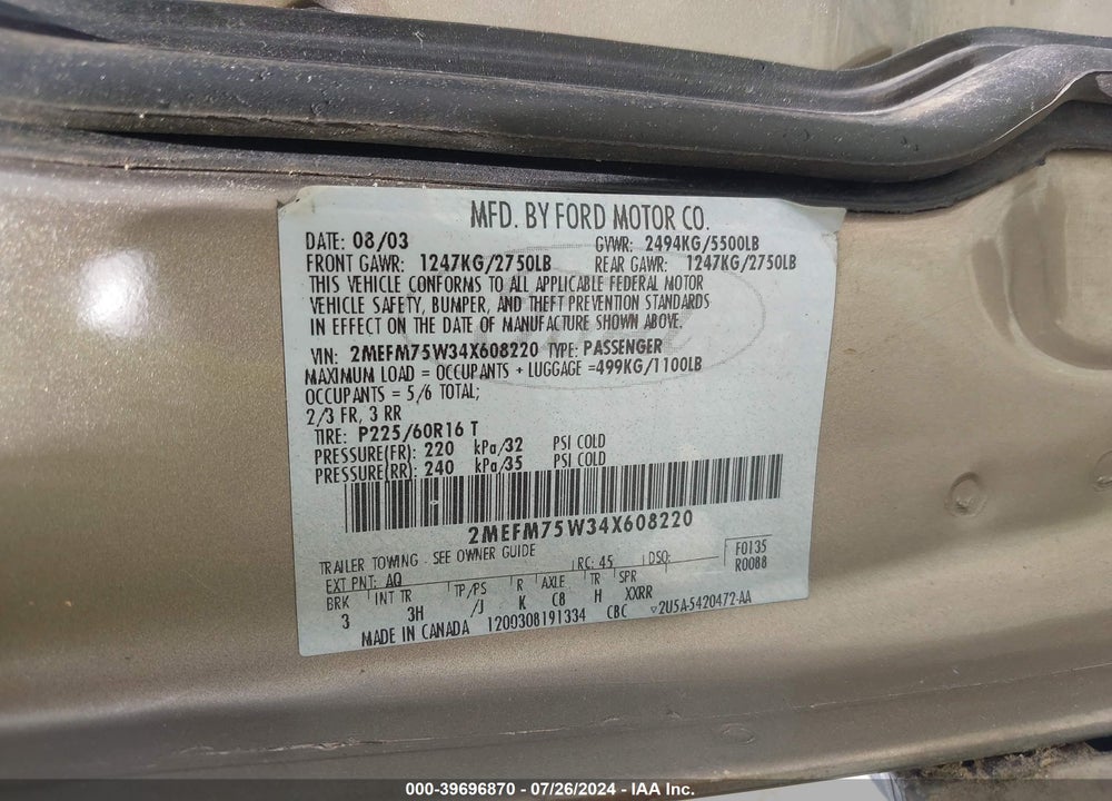 2004 MERCURY GRAND MARQUIS LS VIN: 2MEFM75W34X608220