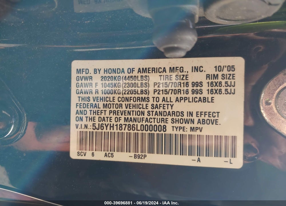 2006 HONDA ELEMENT EX-P VIN: 5J6YH18786L000008