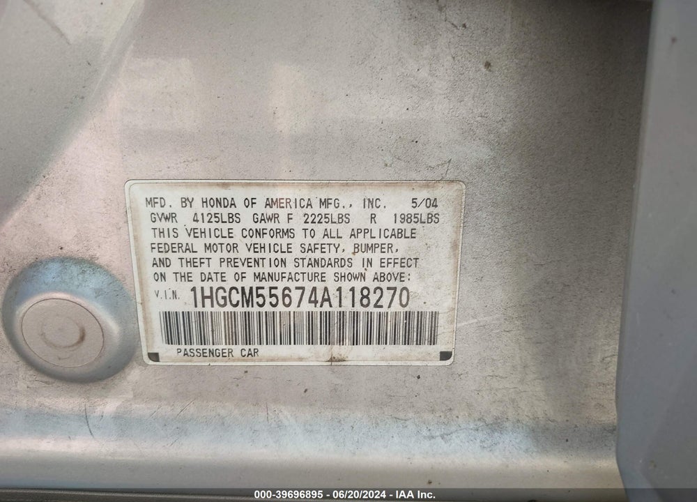 2004 HONDA ACCORD 2.4 EX VIN: 1HGCM55674A118270
