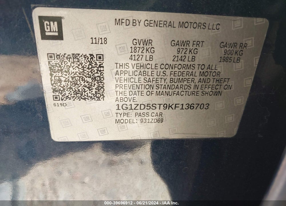 2019 CHEVROLET MALIBU LT VIN: 1G1ZD5ST9KF136703