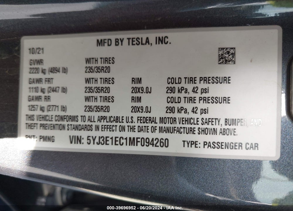 2021 TESLA MODEL 3 PERFORMANCE DUAL MOTOR ALL-WHEEL DRIVE VIN: 5YJ3E1EC1MF094260