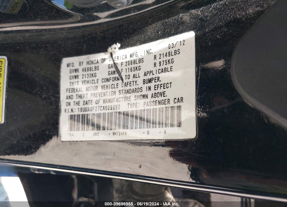 2012 ACURA TL 3.5 VIN: 19UUA8F27CA029890