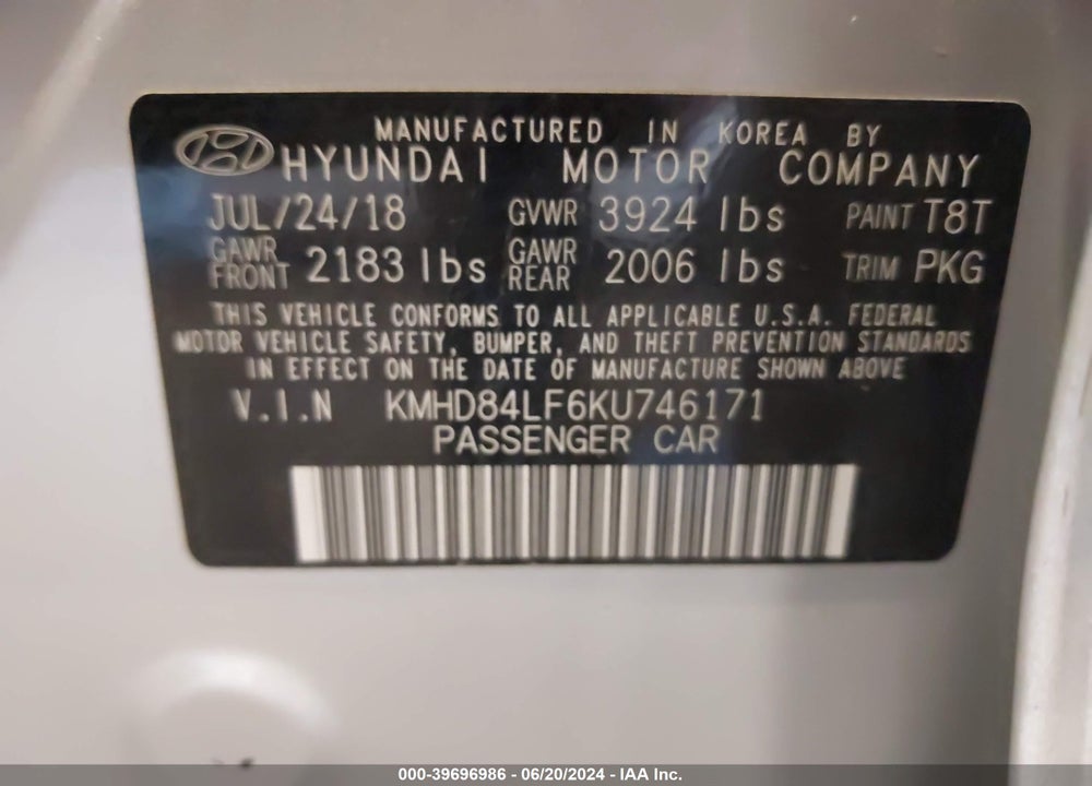 2019 HYUNDAI ELANTRA SEL VIN: KMHD84LF6KU746171